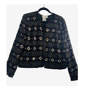 Papell Boutique Evening Women Jacket M Black Silk‎ Beaded Embellished Diamond